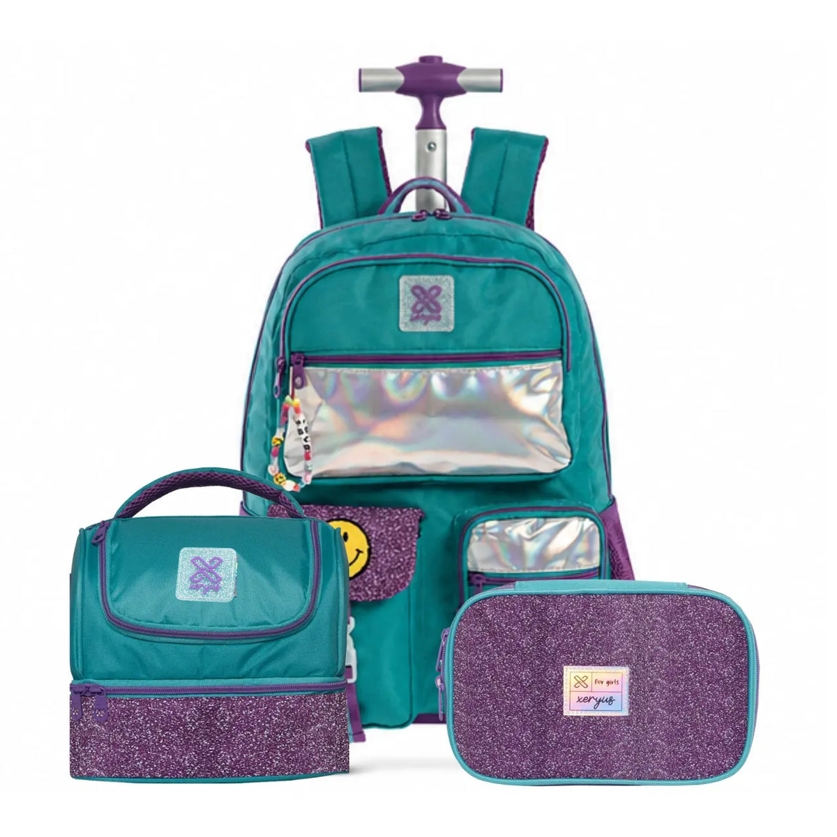 Kit Mochila de Rodinhas Emoji com Lancheira e Estojo