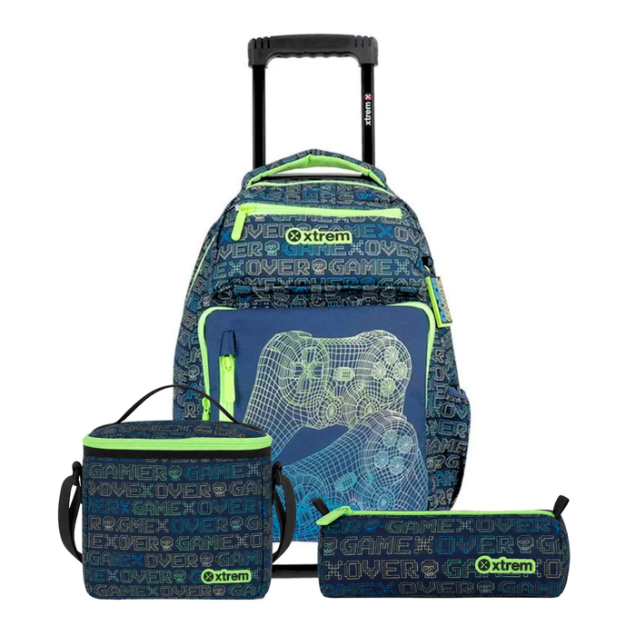 Kit Mochila de Rodas Game Azul com Lancheira e Estojo
