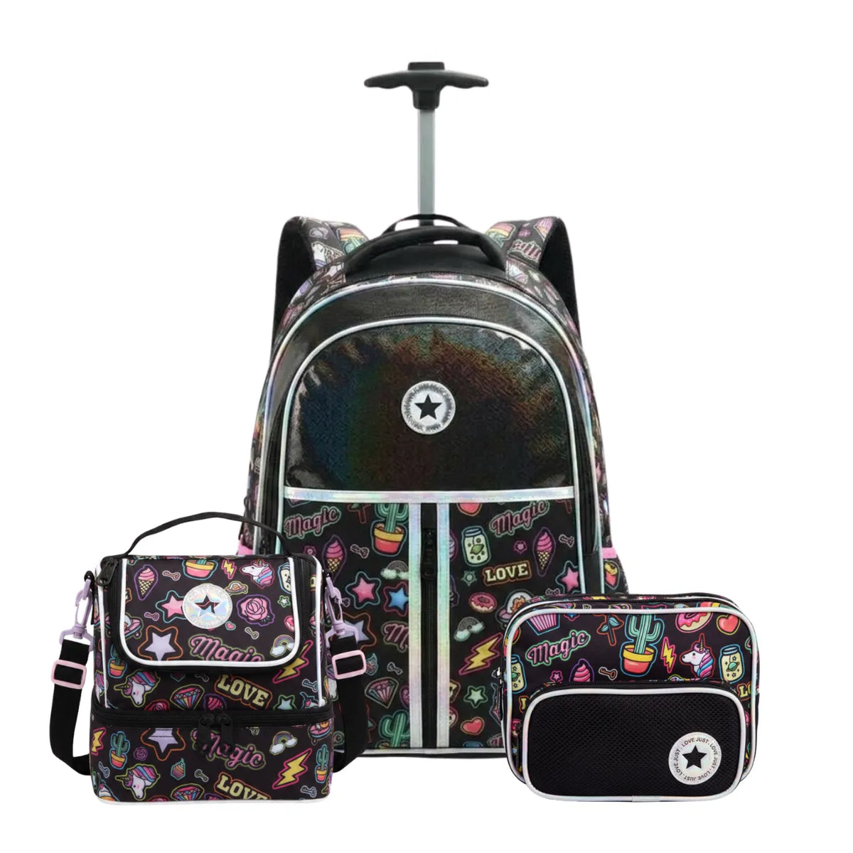 Kit Mochila de Rodas Magic Preta com Lancheira e Estojo