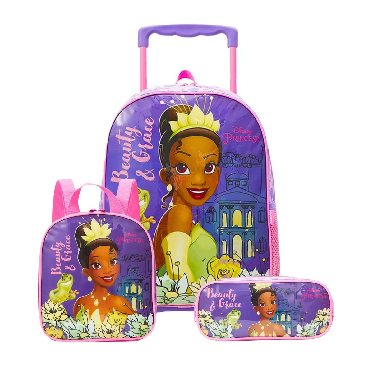 Kit Mochila de Rodas Tiana Roxa com Lancheira e Estojo