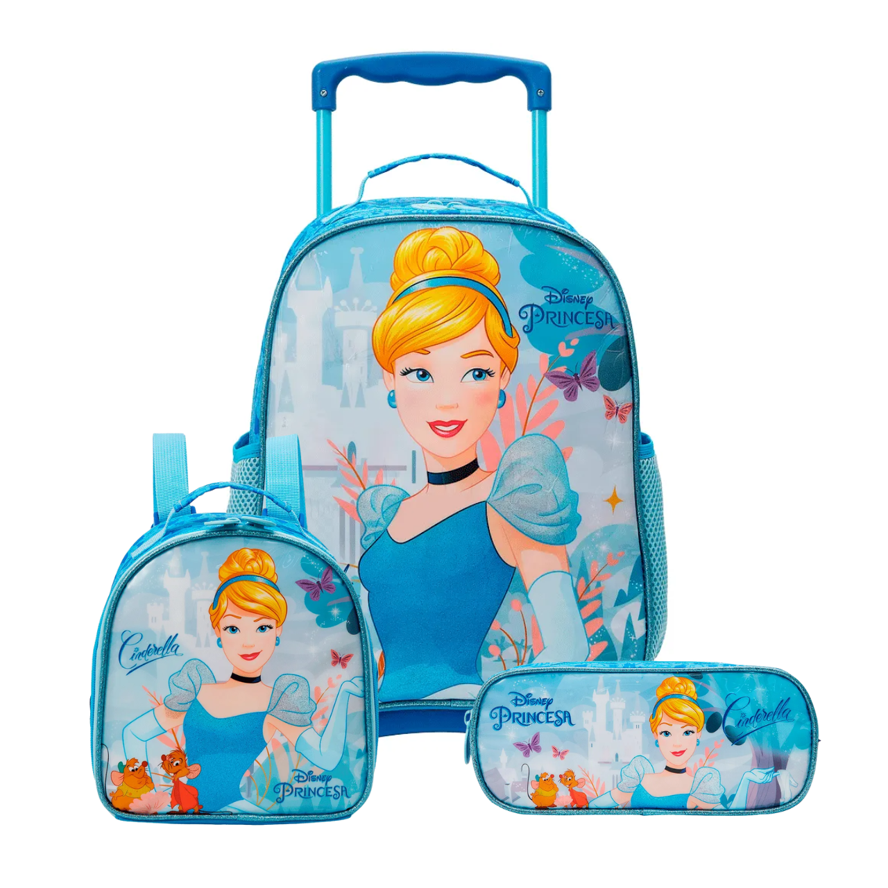Kit Mochila de Rodas Cinderela Azul com Lancheira e Estojo
