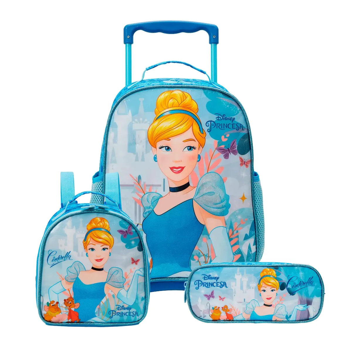 Kit Mochila de Rodas Cinderela Azul com Lancheira e Estojo