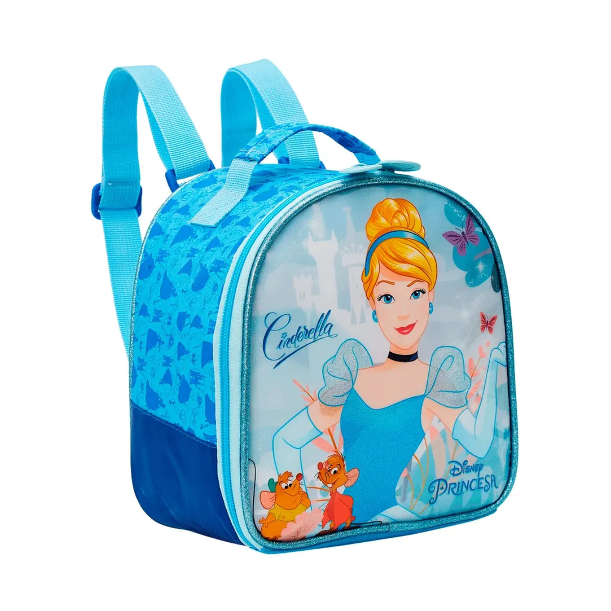 Kit Mochila de Rodas Cinderela Azul com Lancheira e Estojo