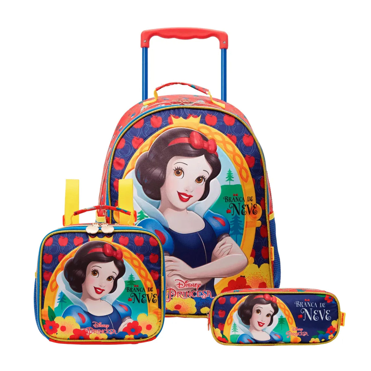 Kit Mochila de Rodas Branca de Neve com Lancheira e Estojo