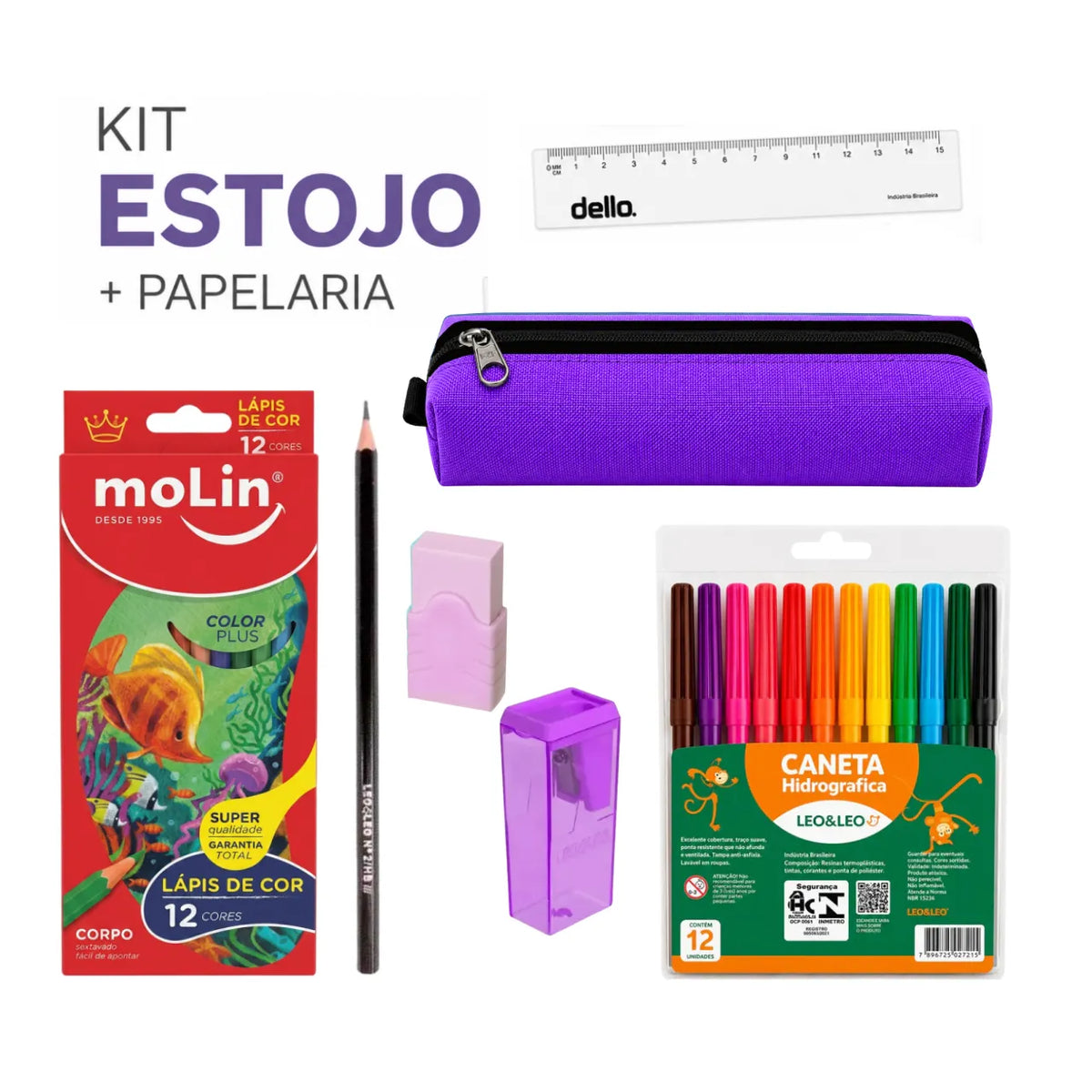 Kit Estojo Escolar Acp Roxo com 6 Itens de Papelaria