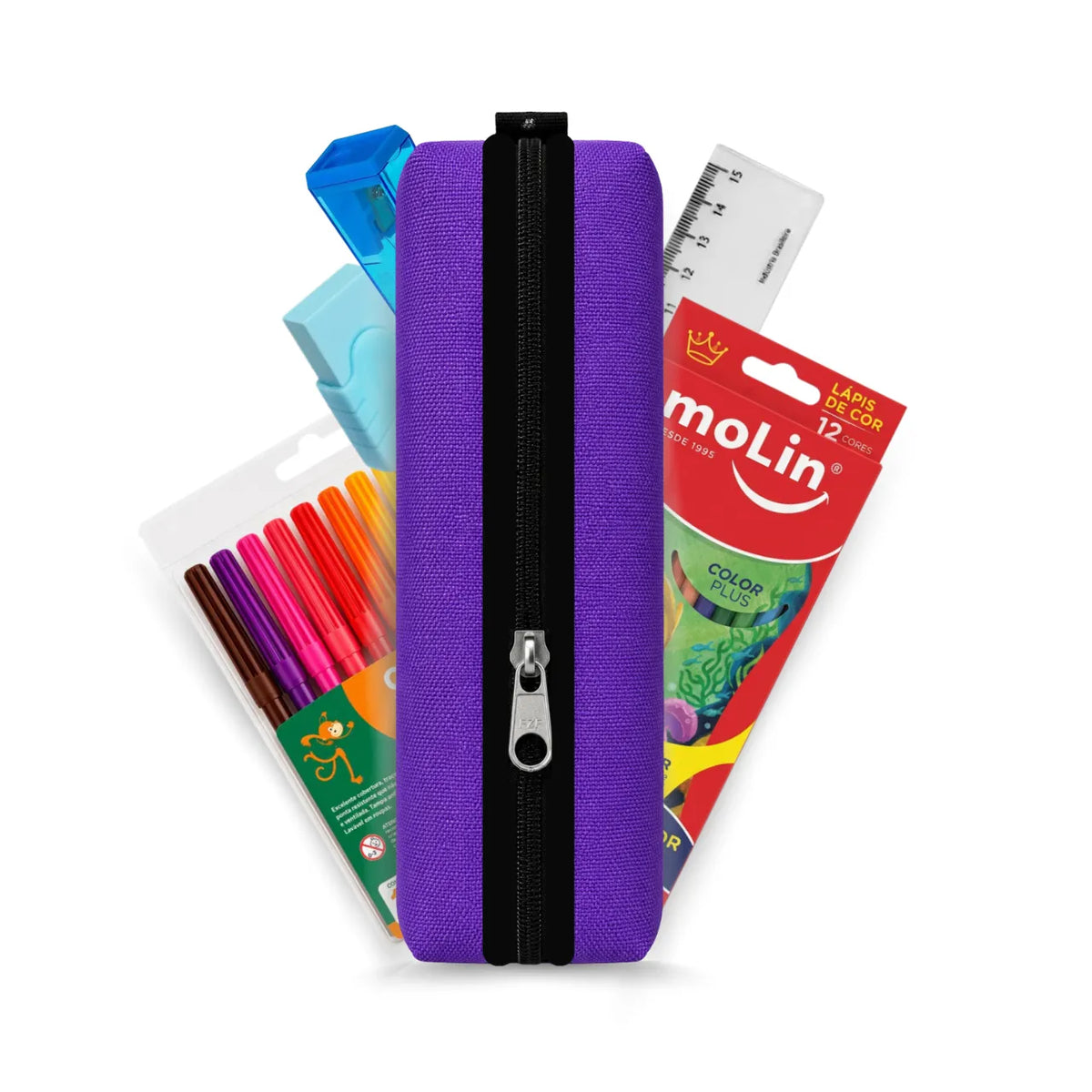 Kit Estojo Escolar Acp Roxo com 6 Itens de Papelaria