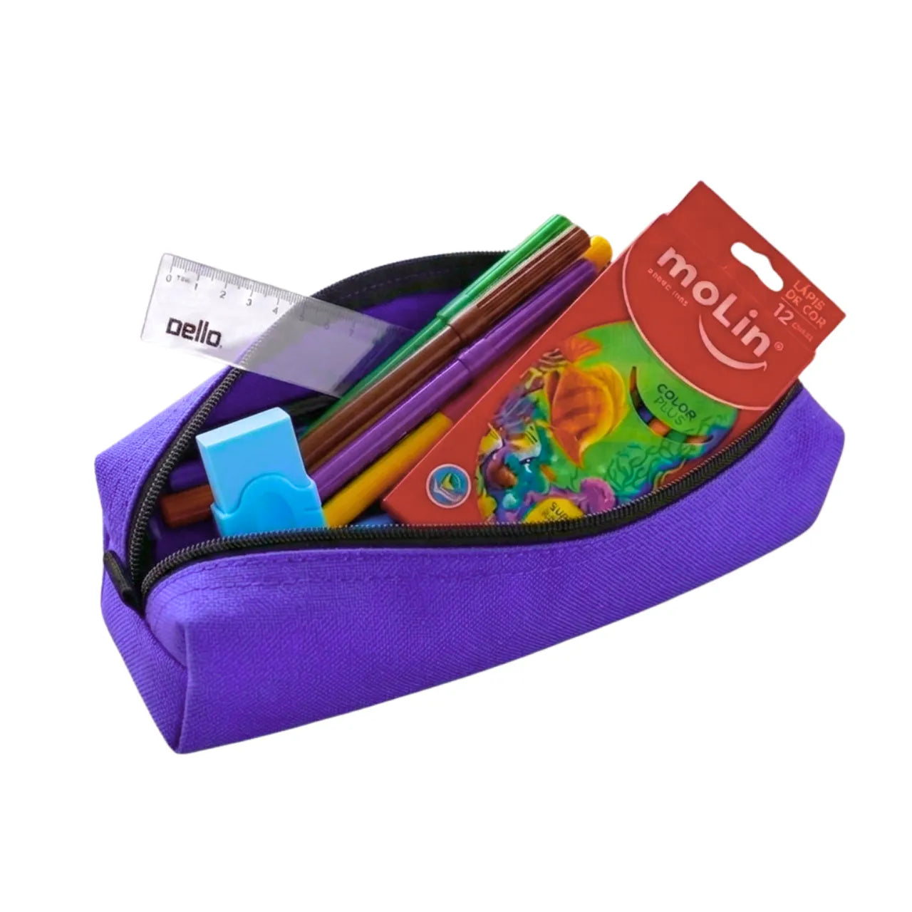 Kit Estojo Escolar Acp Roxo com 6 Itens de Papelaria