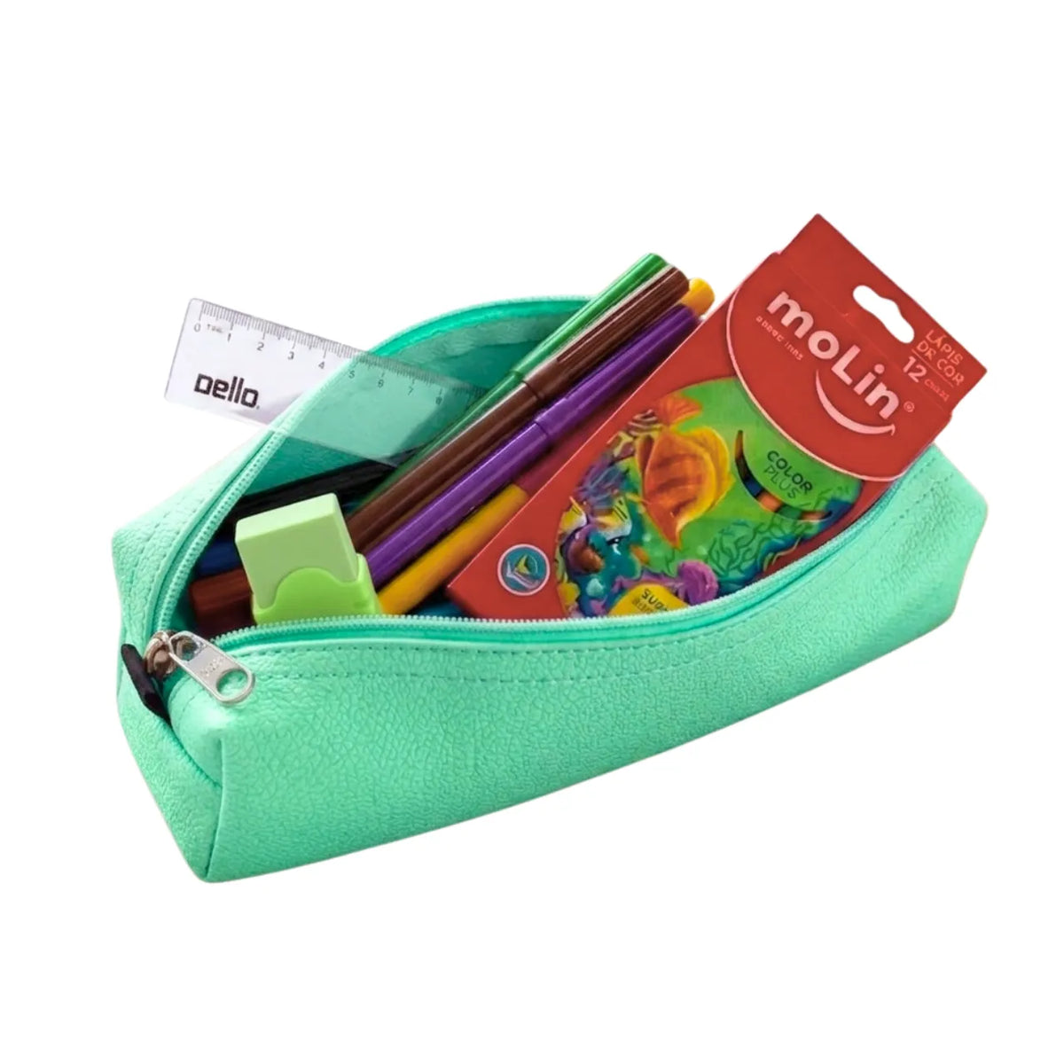 Kit Estojo Escolar Verde Acp com 6 Itens de Papelaria