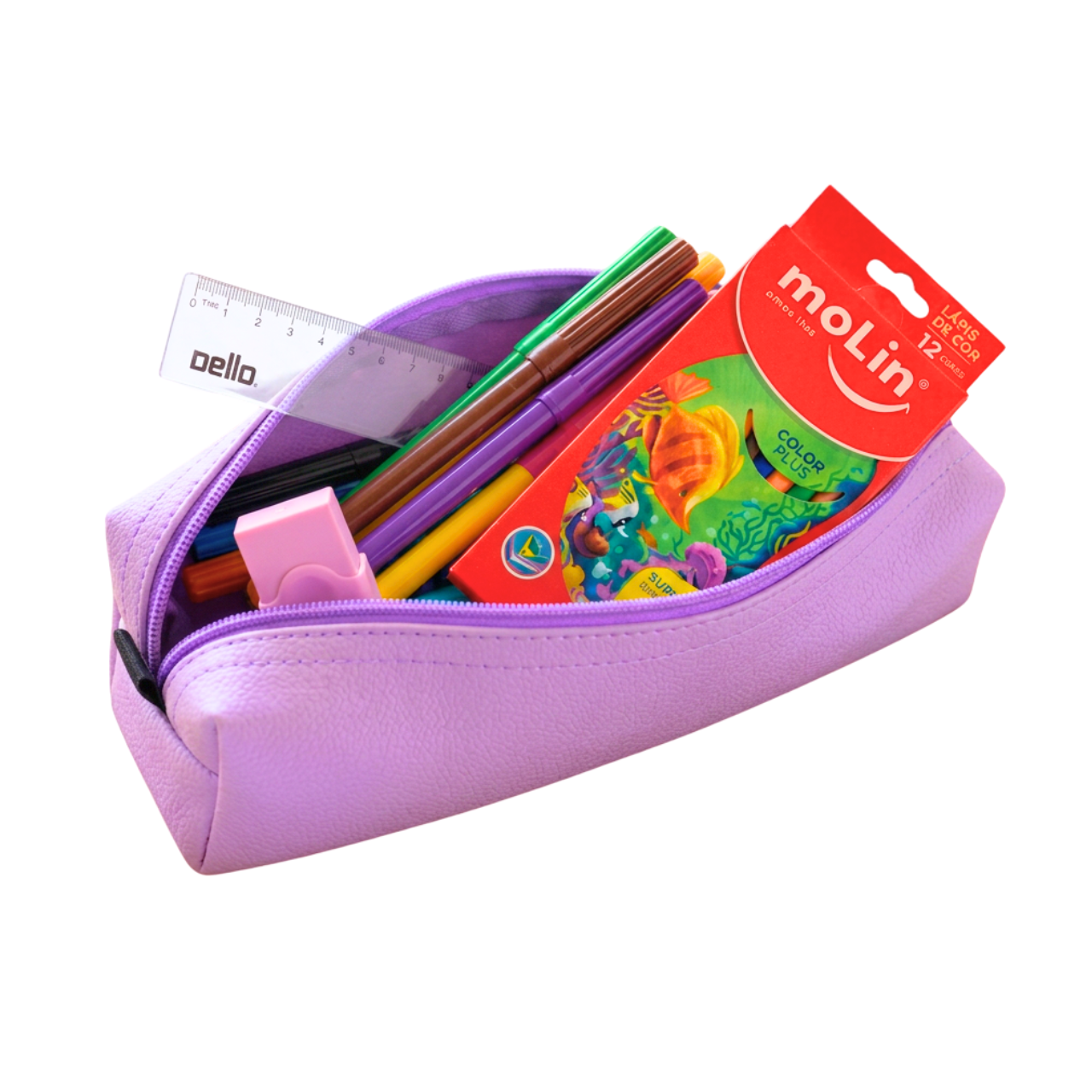 Kit Estojo Escolar Acp Lilás com 6 Itens de Papelaria