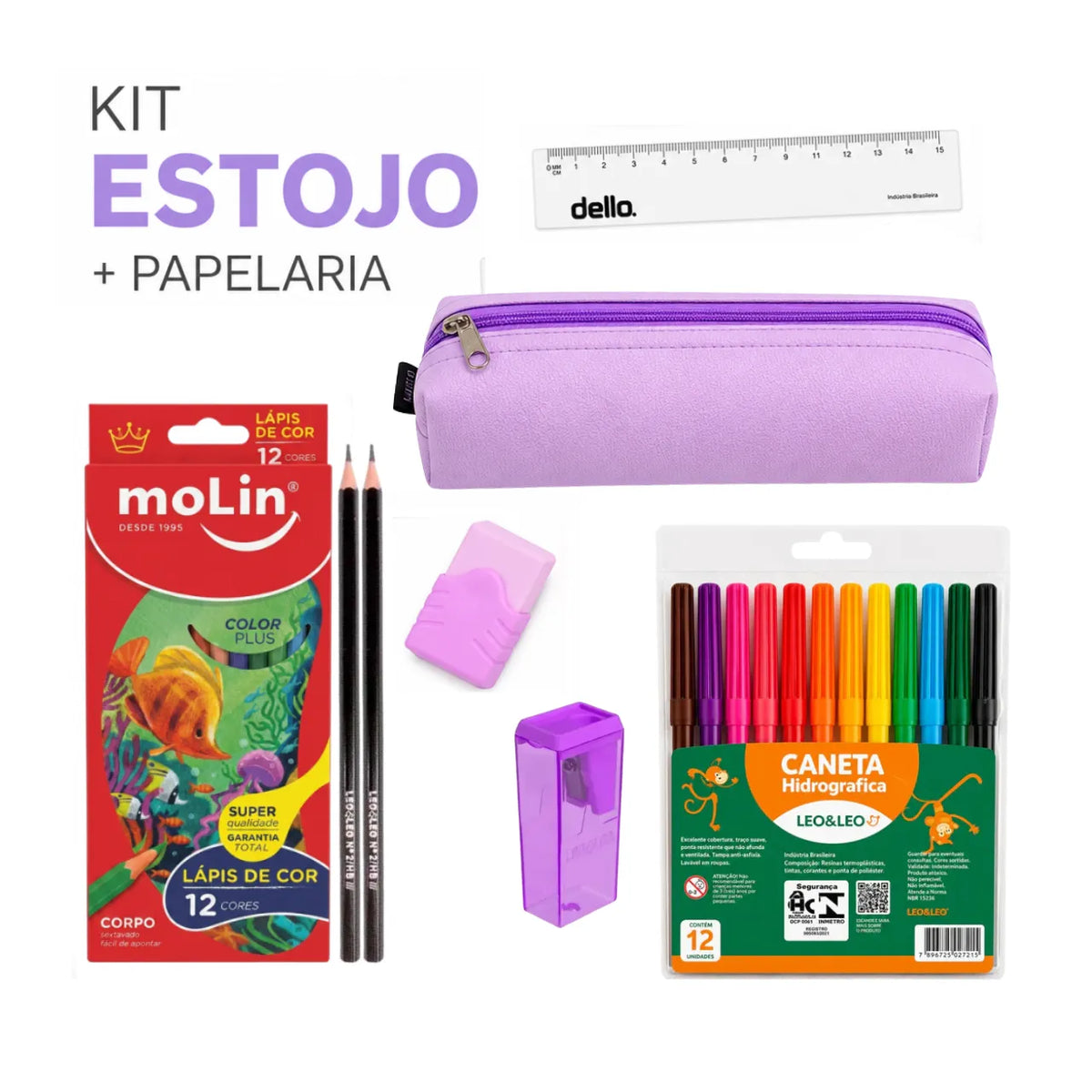 Kit Estojo Escolar Acp Lilás com 6 Itens de Papelaria