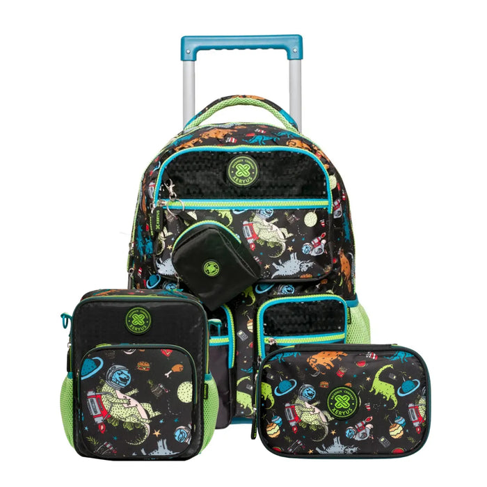 Kit Mochila de Rodas Petit Dino com Lancheira e Estojo