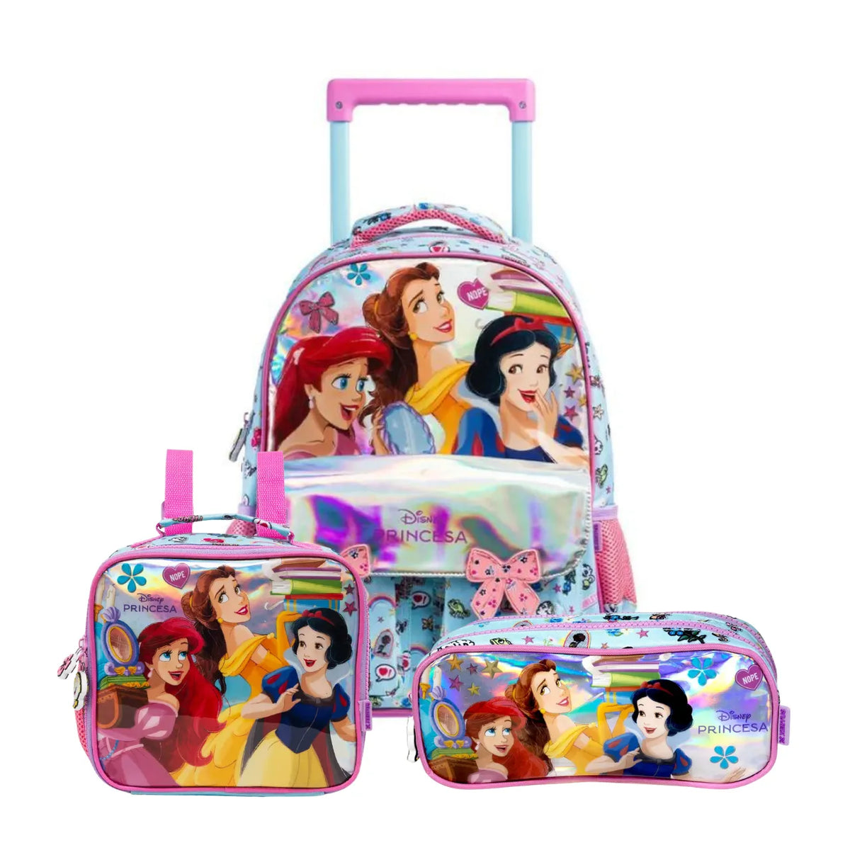 Kit Rodinhas Princeseas Holográfica com Lancheira e Estojo