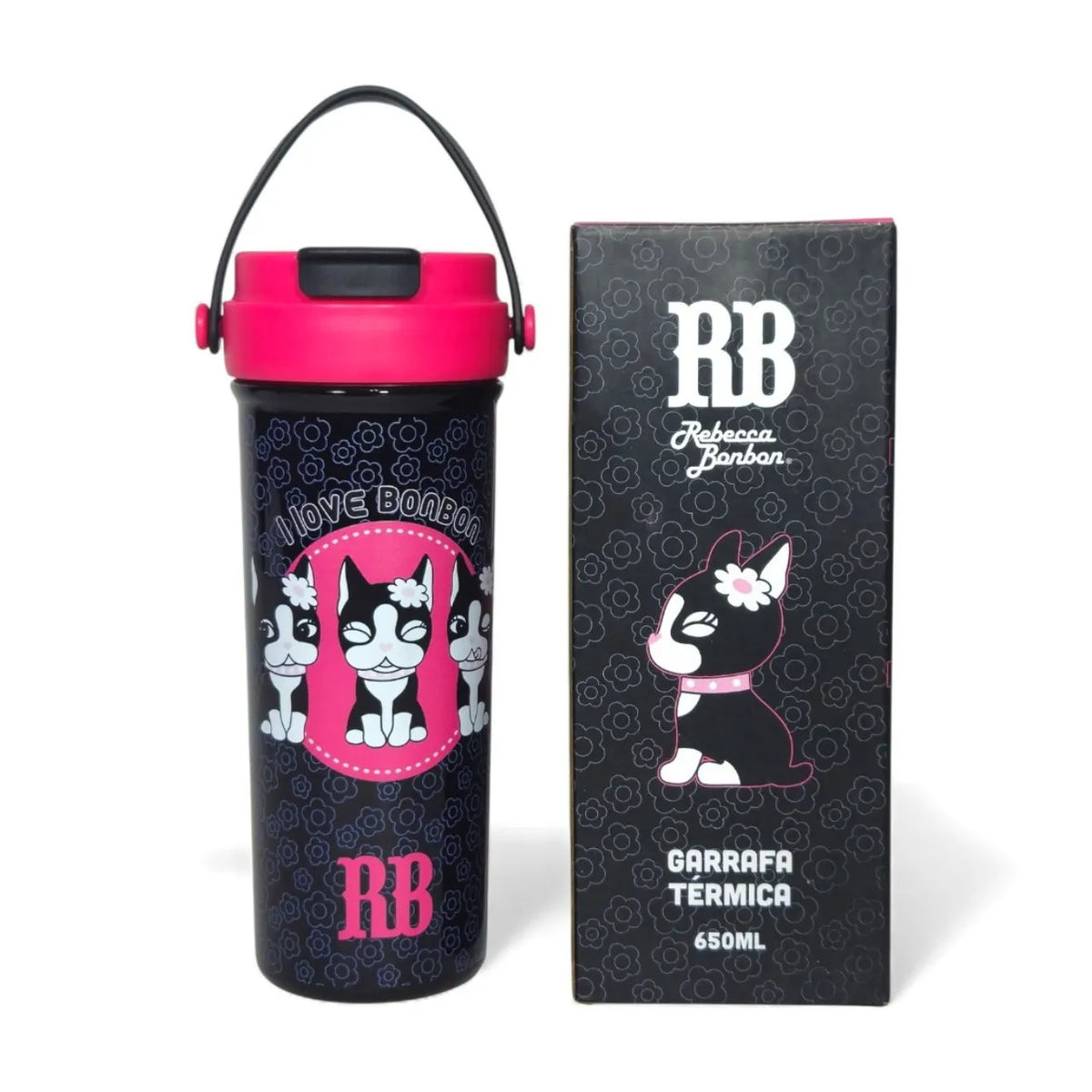 Garrafa Térmica Rebecca Bonbon Preta e Rosa