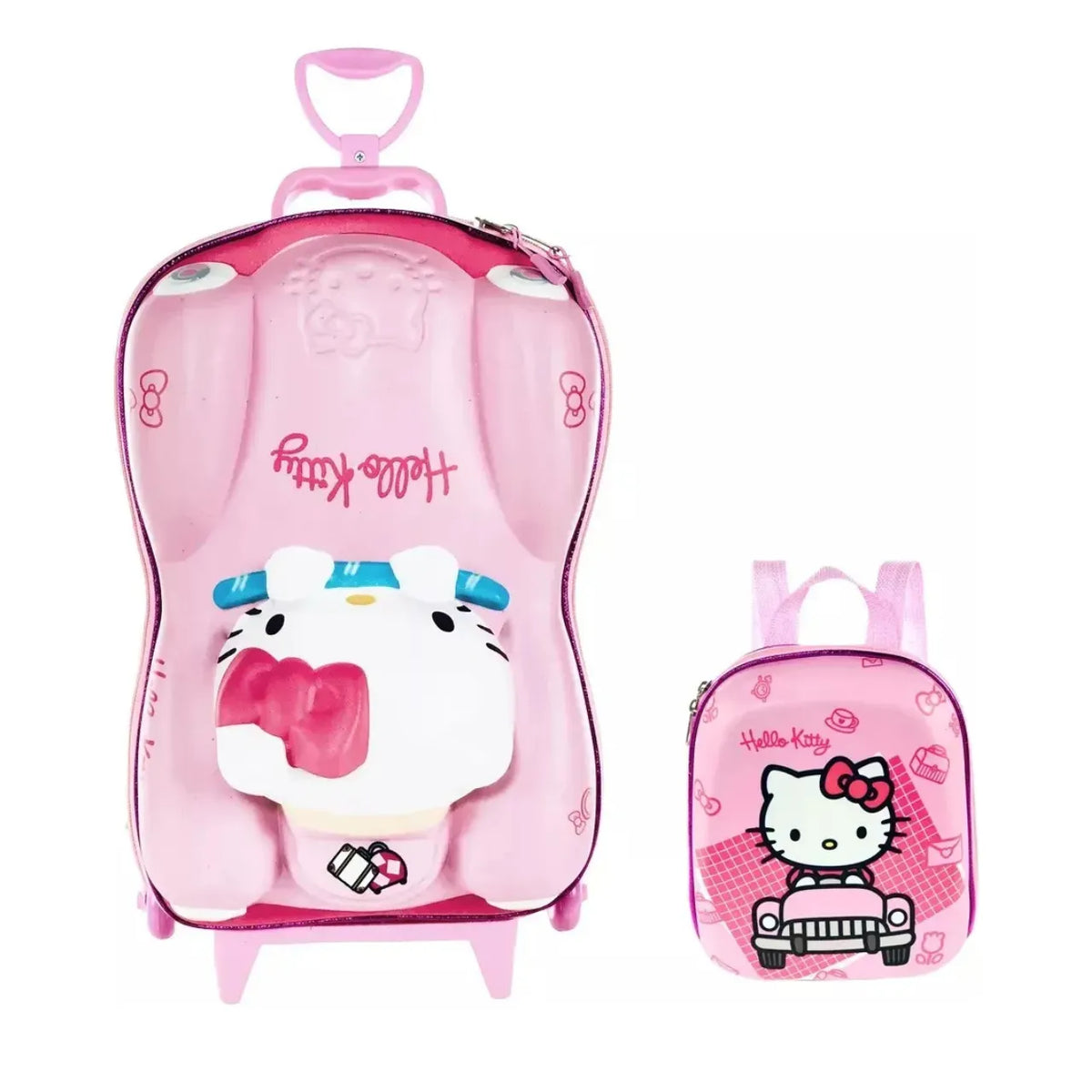 Kit Mochila de Rodinha 3D Hello Kitty Carro Diplomata