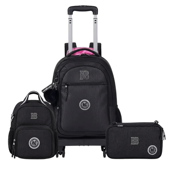 Kit Mochila 4 Rodas Rebecca Bonbon Preta Lancheira e Estojo