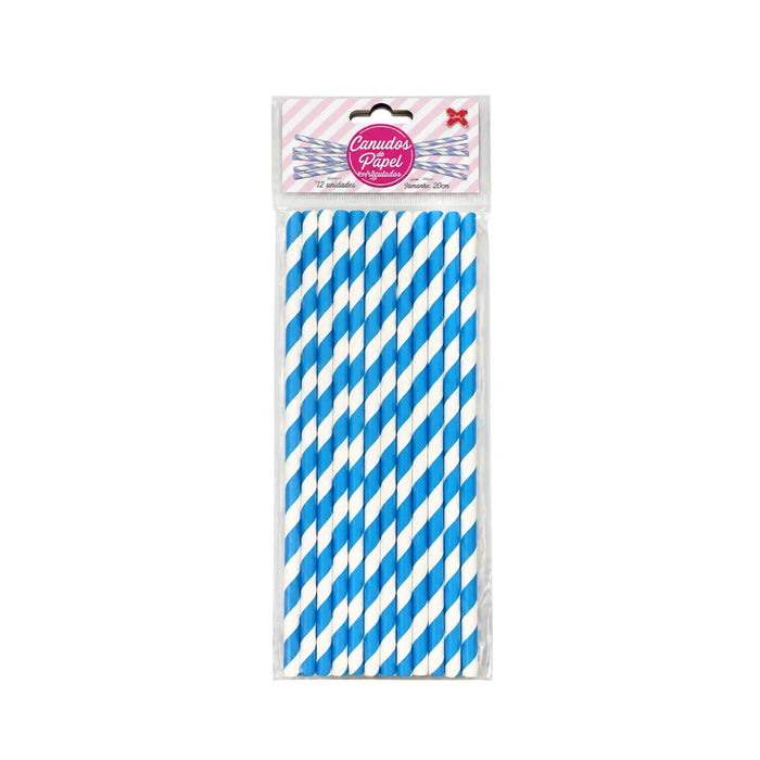 Canudo de Papel Azul 20cm 12 Unidades Listrado Make+