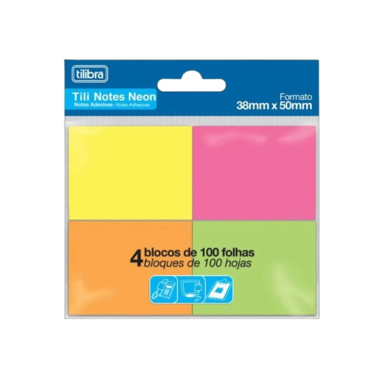 Bloco Notas Adesivas Neon 38x50mm 4 Cores 100 Folhas Tilibra