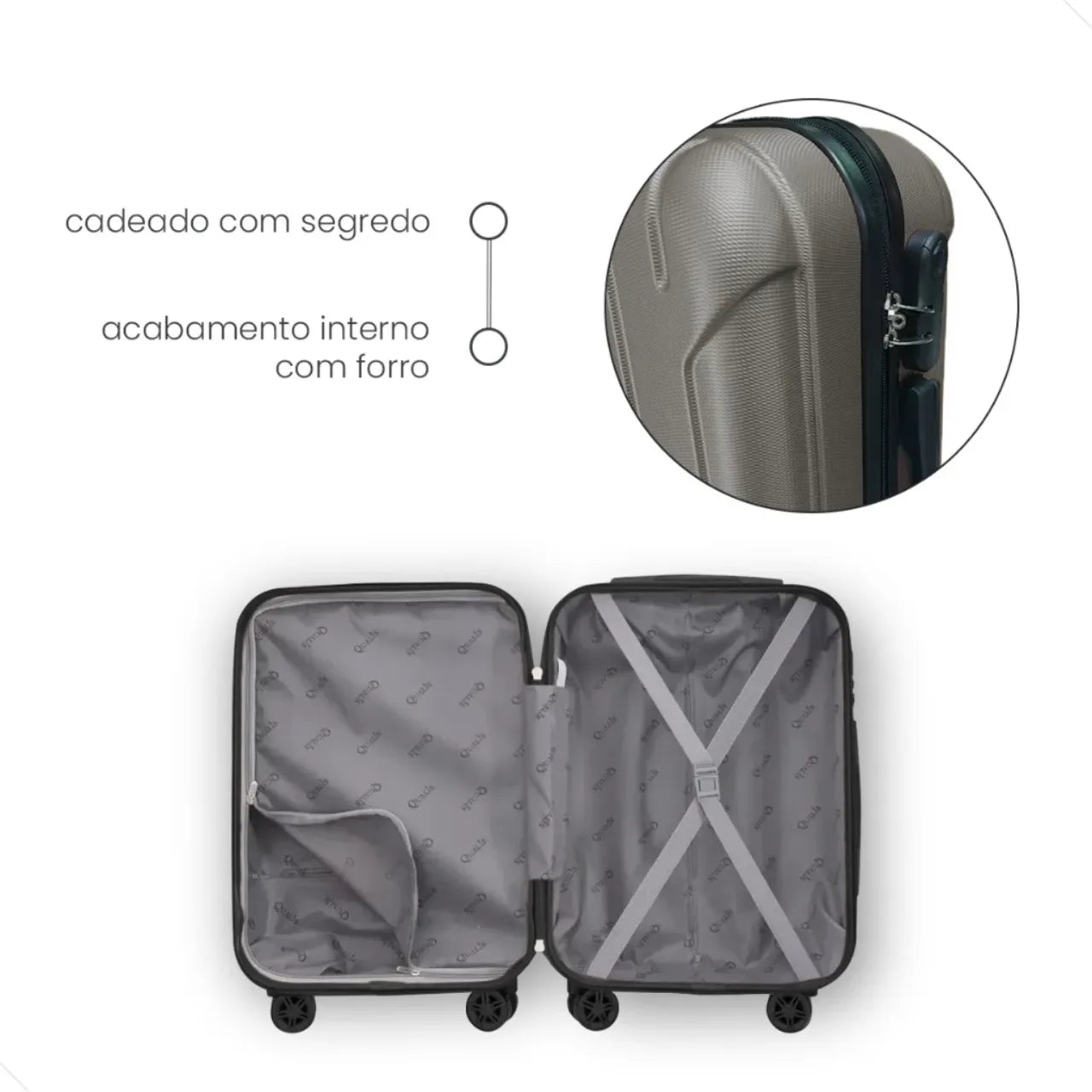 Mala de Bordo 10kg Rodas 360° Grafite Cadeado Embutido com