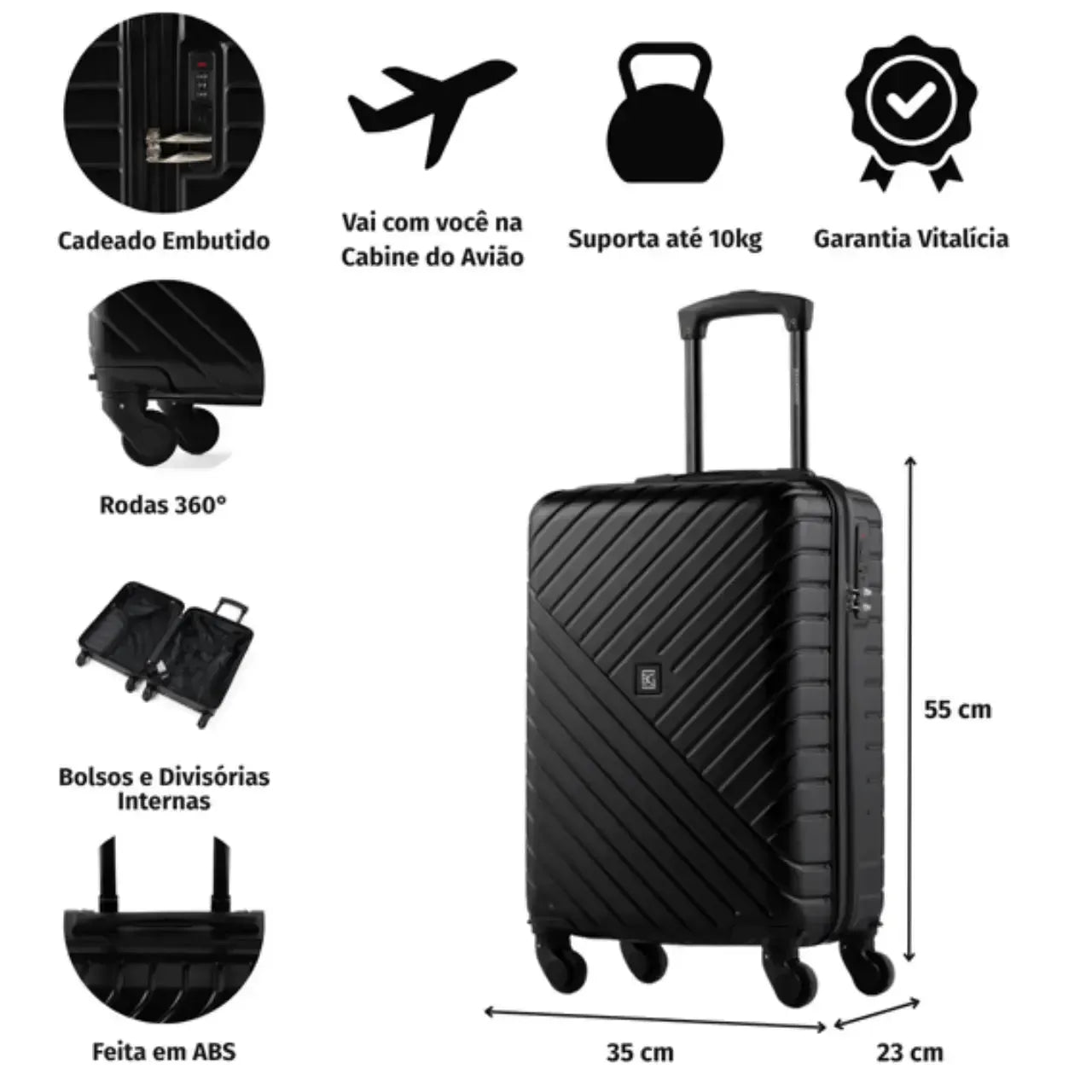 Mala de Bordo Detroit Bagaggio 10kg Preta Rodas 360°