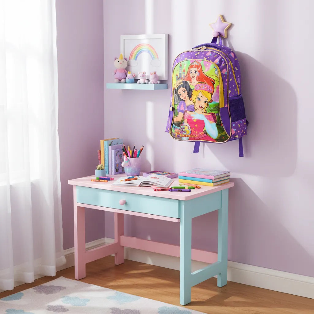 Mochila Infantil Costas 3 Princesas Colorida Escolar Roxa com Bolsos Laterais