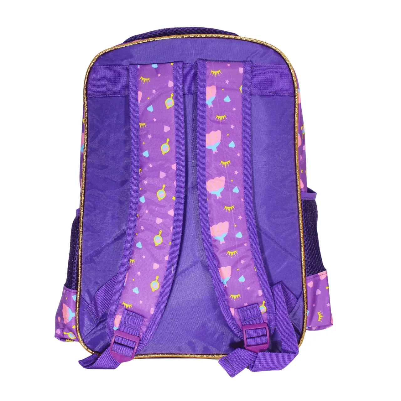 Mochila Infantil Costas 3 Princesas Colorida Escolar Roxa com Bolsos Laterais