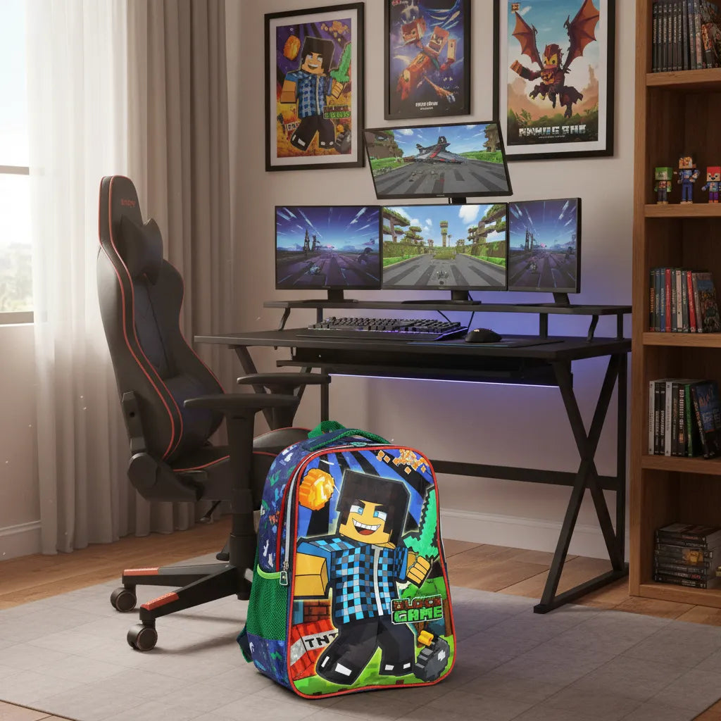 Mochila Infantil Costas Block Game Gamer Escolar com Bolsos Laterais