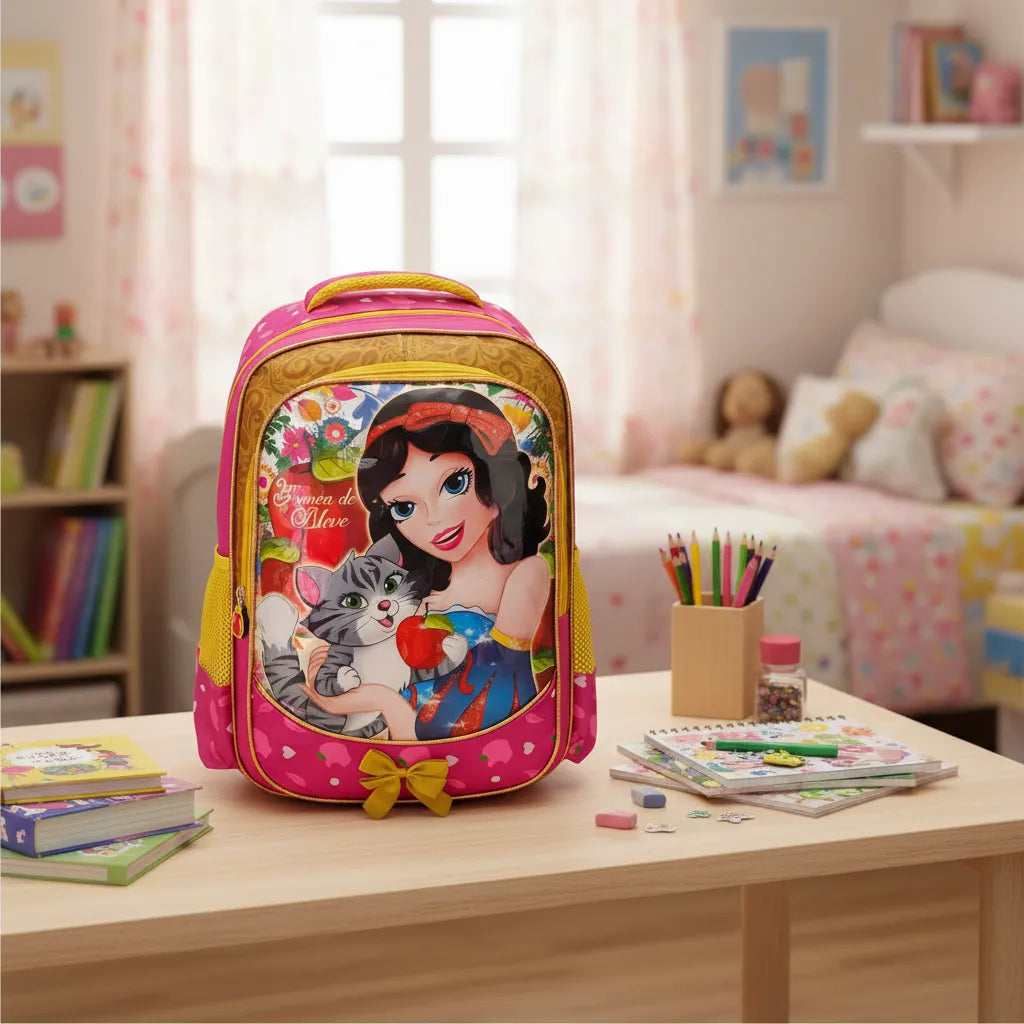 Mochila Infantil Costas Branca de Neve Rosa Escolar com Bolsos Laterais