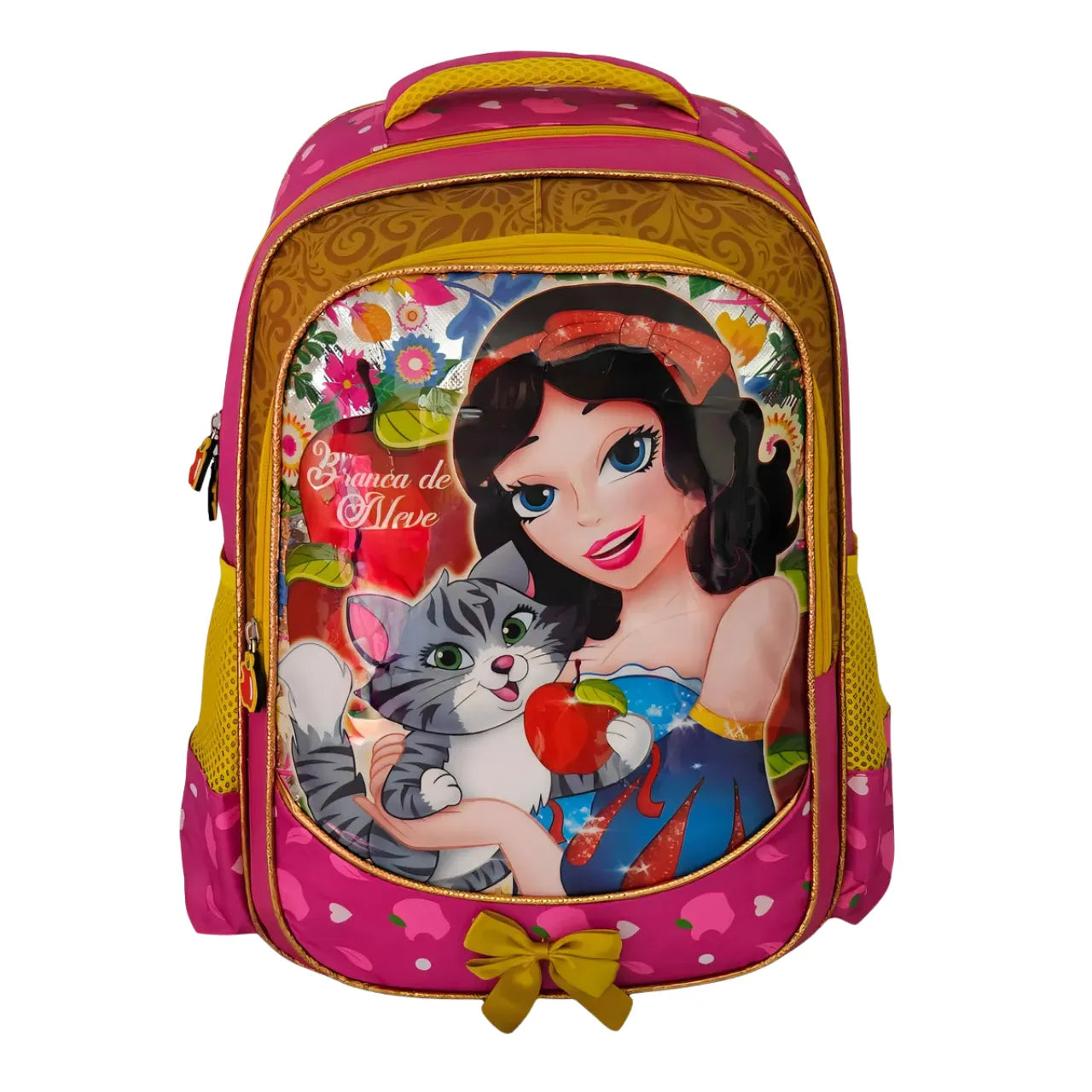 Mochila Infantil Costas Branca de Neve Rosa Escolar com Bolsos Laterais