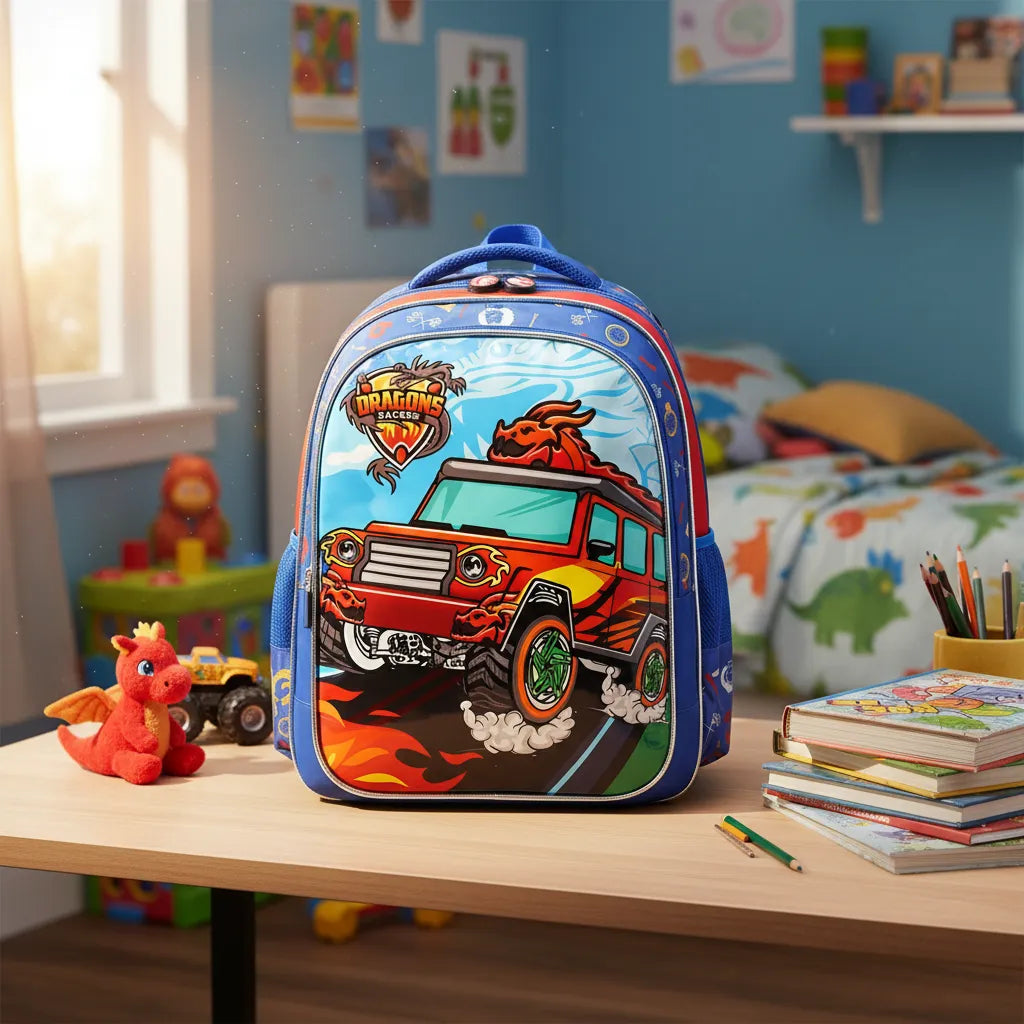 Mochila Infantil Costas Dragons Racers Carro Azul com Bolsos Laterais