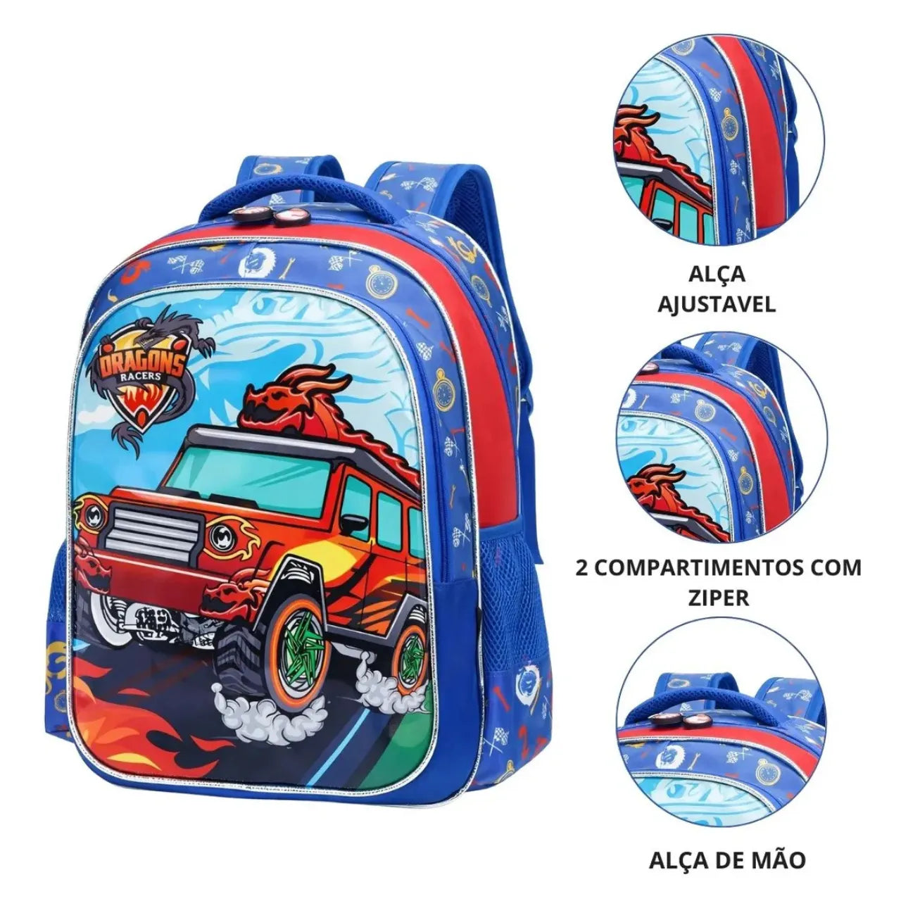 Mochila Infantil Costas Dragons Racers Carro Azul com Bolsos Laterais