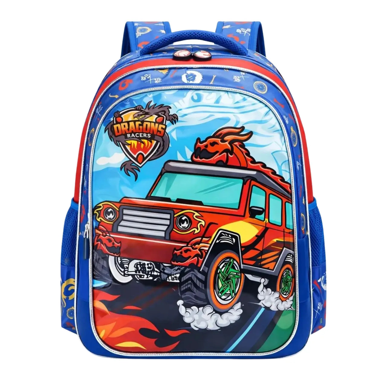 Mochila Infantil Costas Dragons Racers Carro Azul com Bolsos Laterais