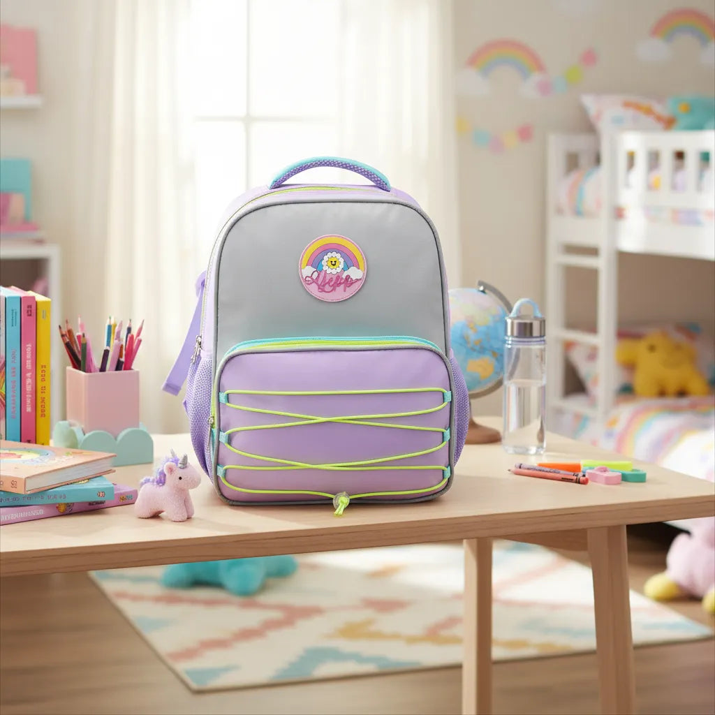 Mochila Infantil Costas Lilás Arco Íris Escolar com Bolso Frontal
