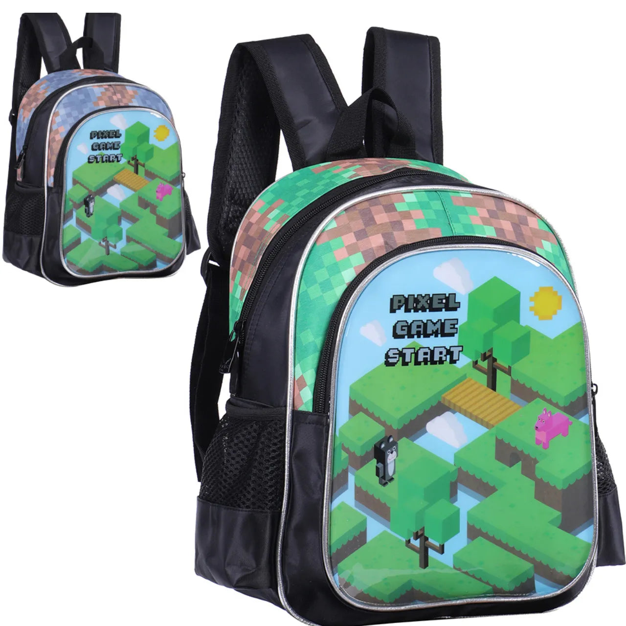 Mochila Infantil Costas Pixel Game Start Verde Bolsos Laterais