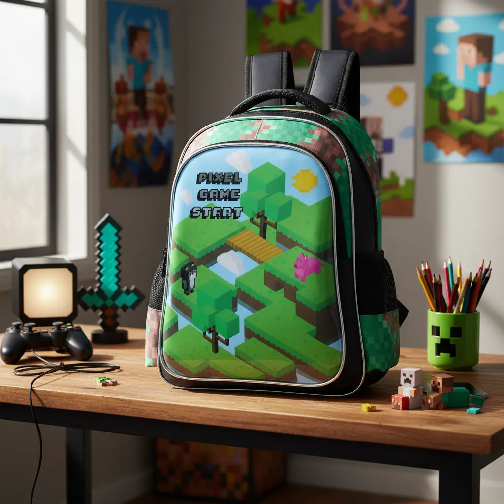 Mochila Infantil Costas Pixel Game Start Verde Bolsos Laterais