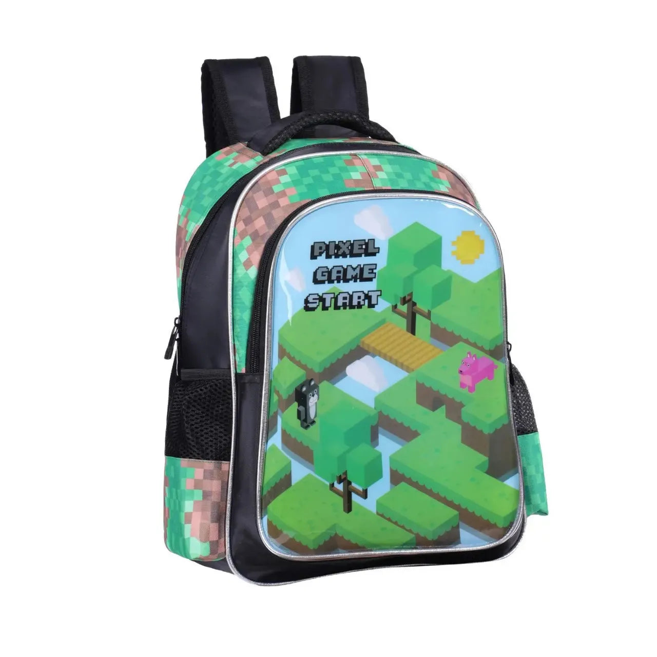 Mochila Infantil Costas Pixel Game Start Verde Bolsos Laterais