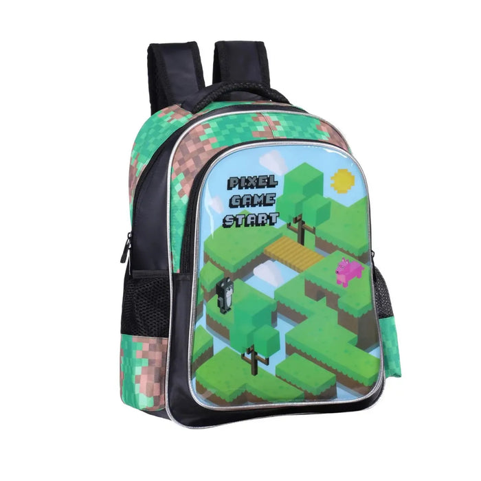 Mochila Infantil Costas Pixel Game Start Verde Bolsos Laterais