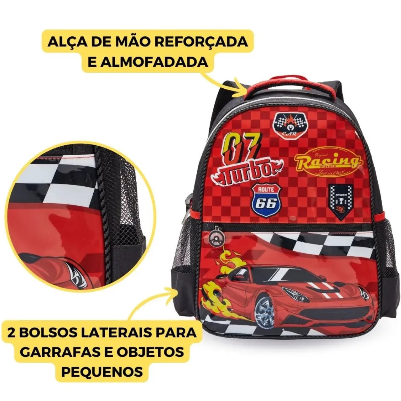 Mochila Infantil Costas Racing 07 Turbo Carro com Bolsos Laterais