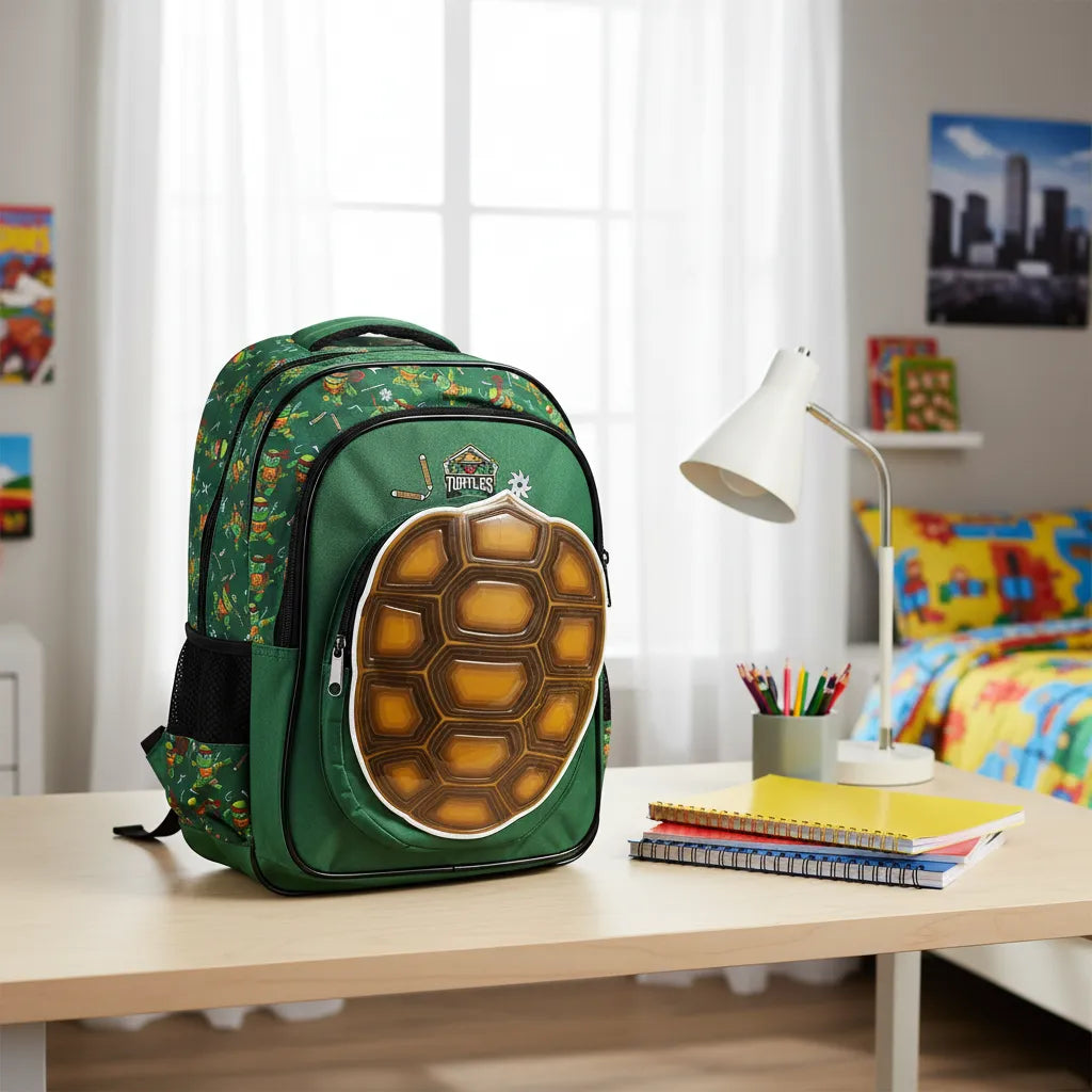 Mochila Infantil Costas Turtles Casco 3D EscolarL Baby com Bolso Frontal
