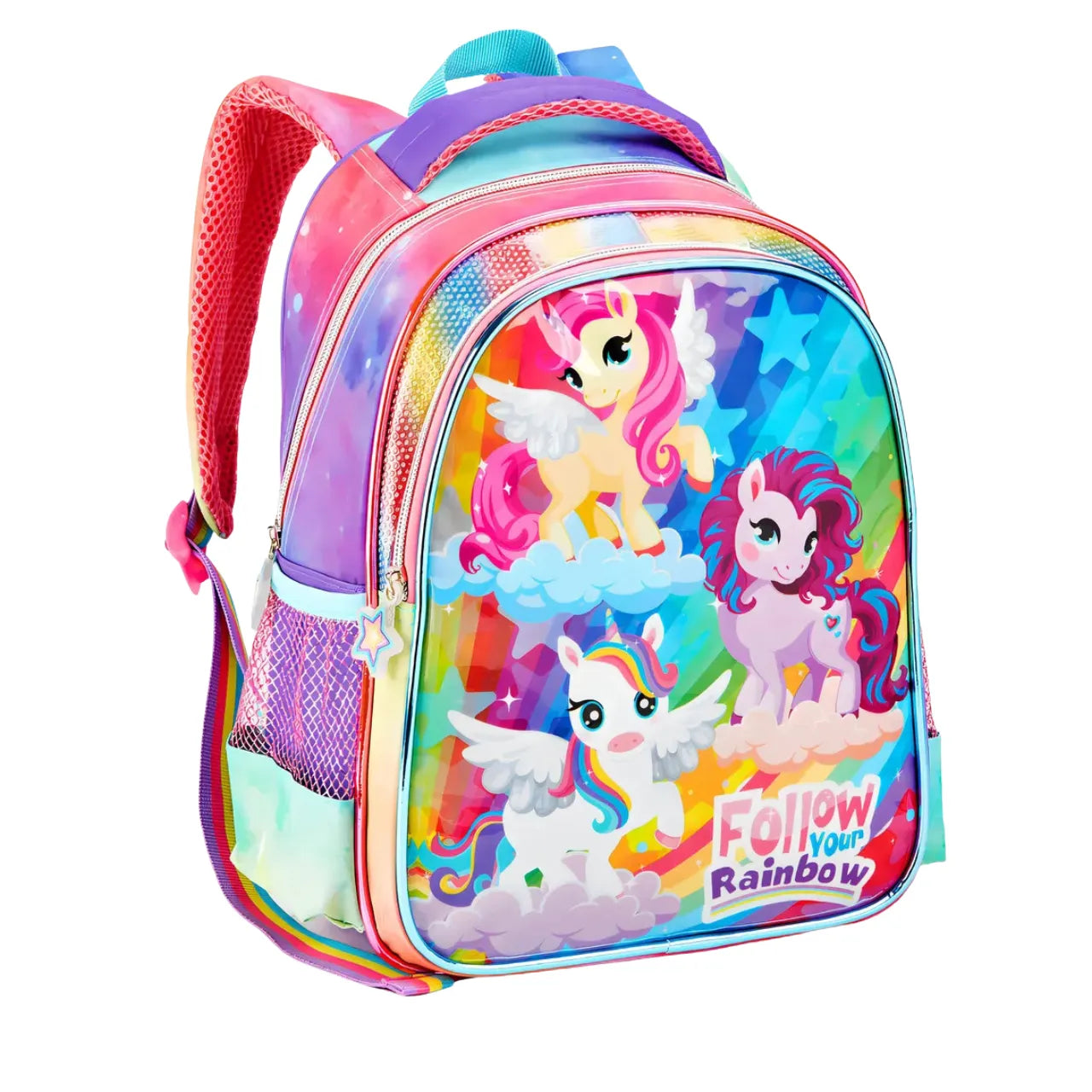 Mochila Infantil Costas Unicórnio Rainbow Colorida com Bolsos Laterais