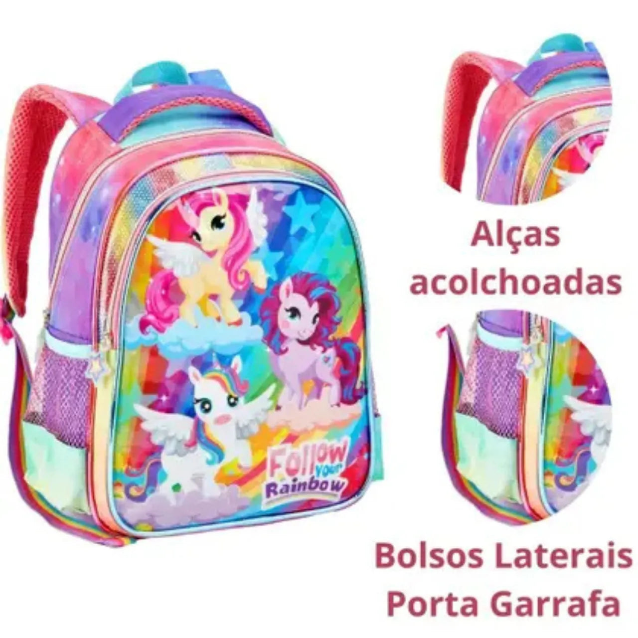Mochila Infantil Costas Unicórnio Rainbow Colorida com Bolsos Laterais