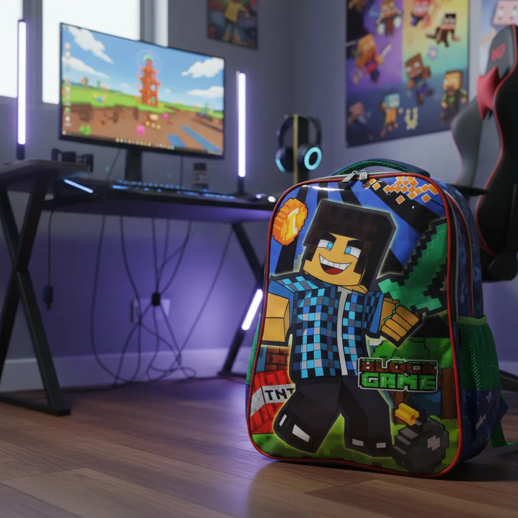 Mochila Infantil Escolar Costas Game Pixel Aventura com Bolso Frontal