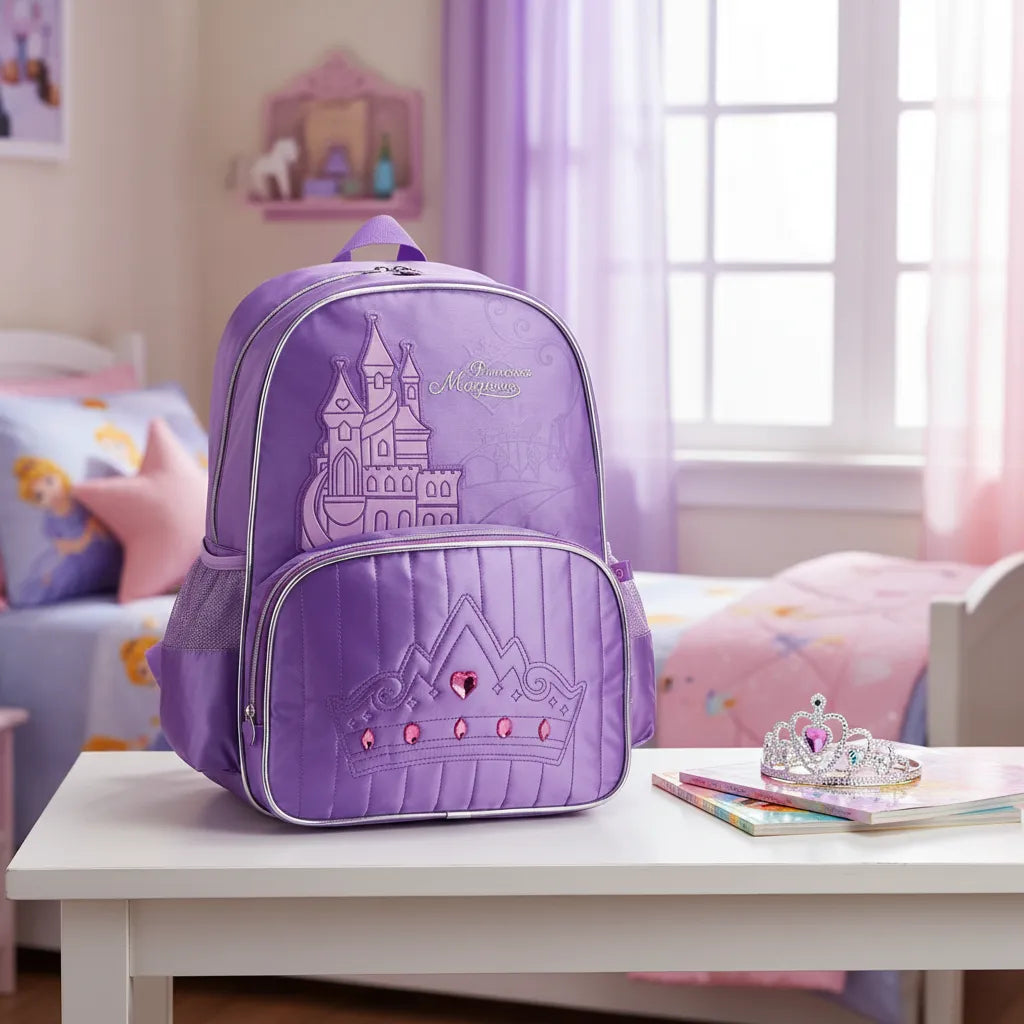 Mochila Infantil Escolar Costas Princesas Roxa '16' com Bolso Frontal