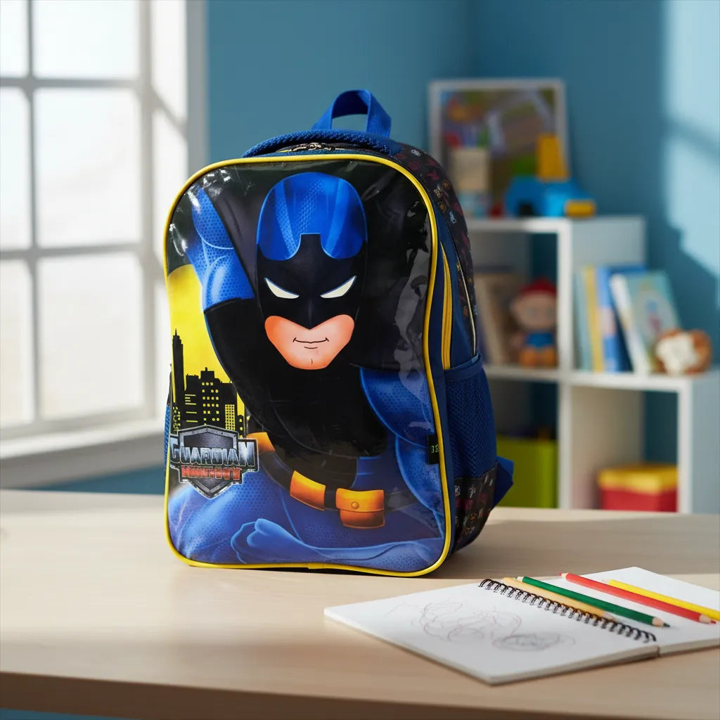Mochila Infantil Escolar Costas Super Herói Guardião com Alças Ajustáveis e Tela Lateral