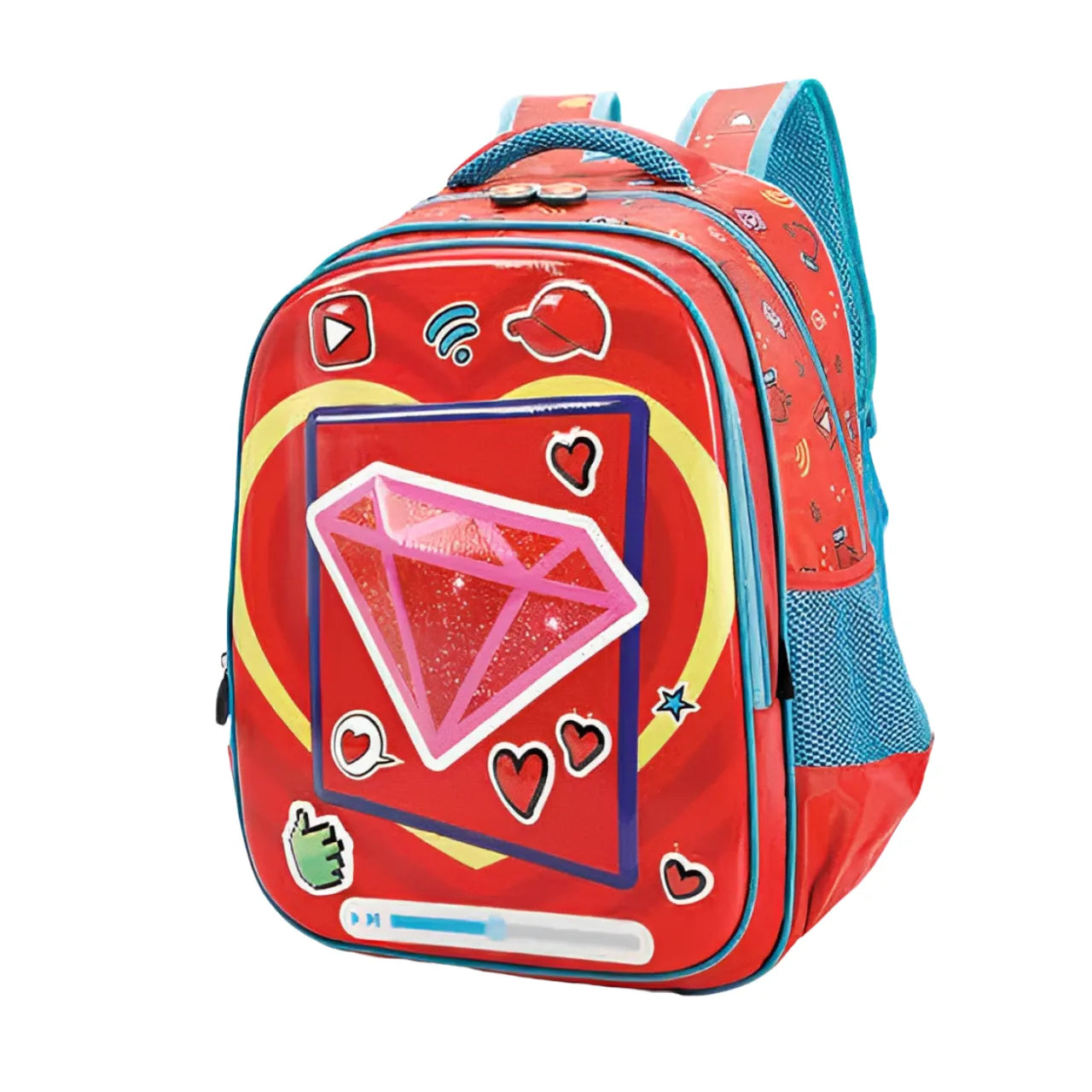 Mochila Infantil Escolar Costas Vermelha Estampa Coração com Bolso Frontal