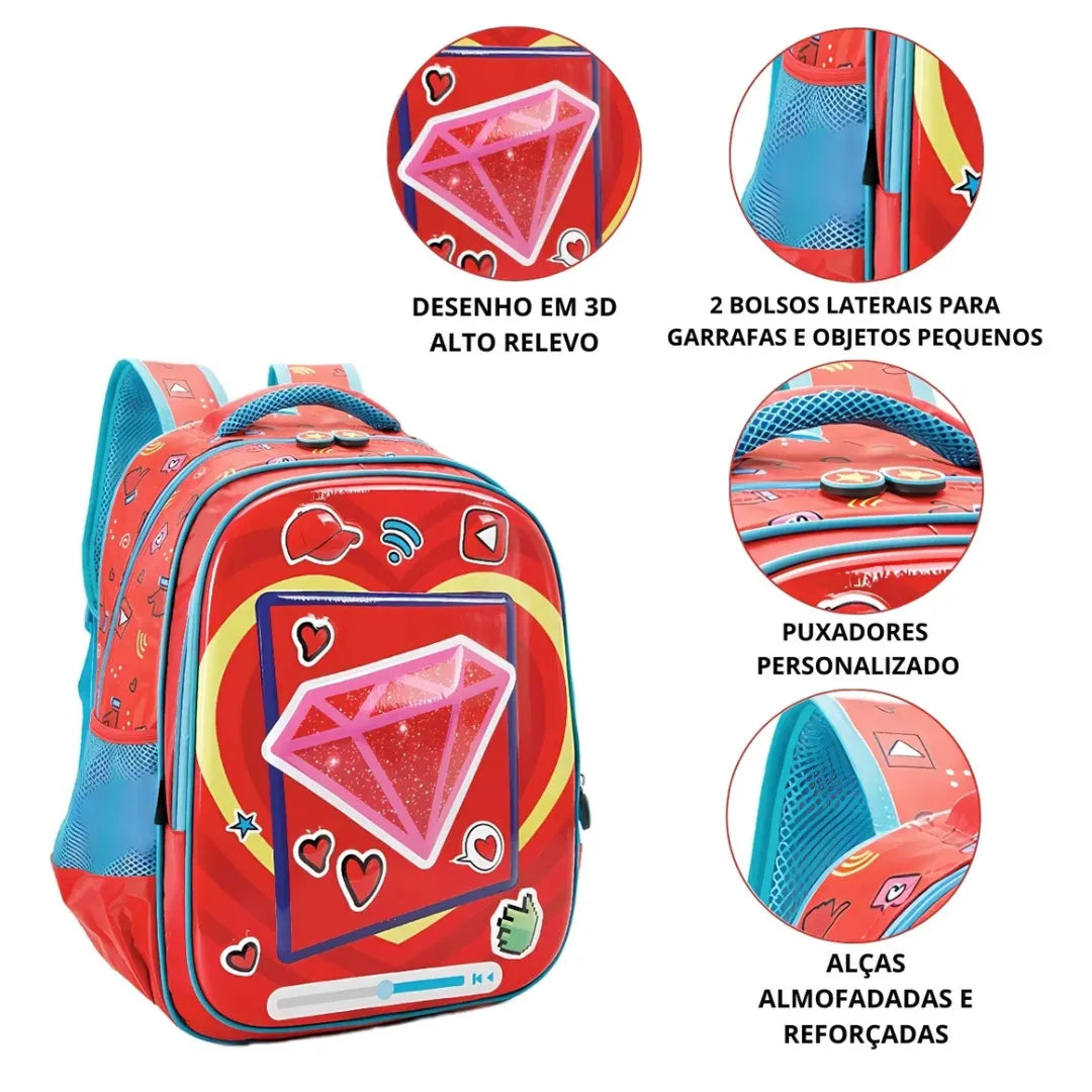 Mochila Infantil Escolar Costas Vermelha Estampa Coração com Bolso Frontal