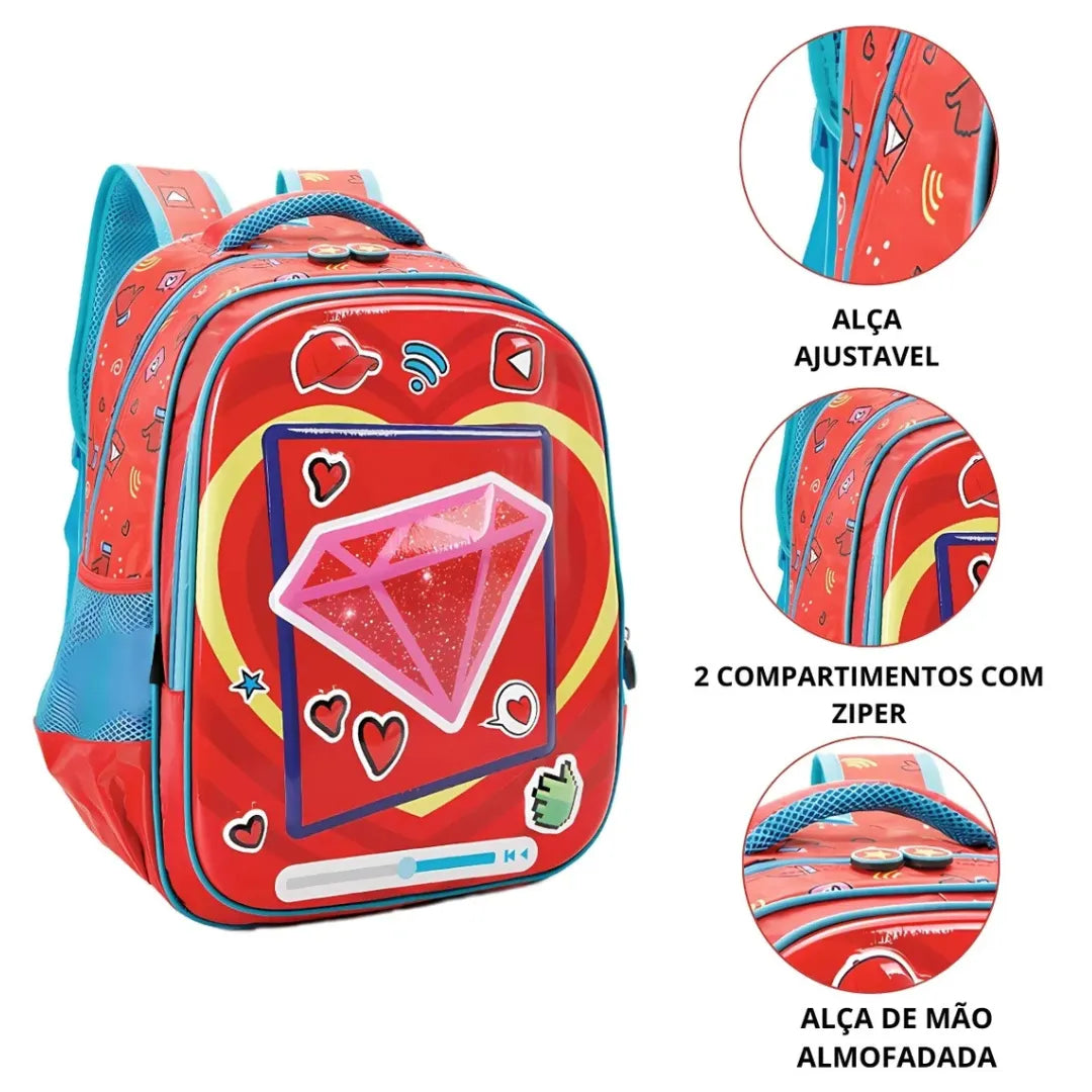 Mochila Infantil Escolar Costas Vermelha Estampa Coração com Bolso Frontal