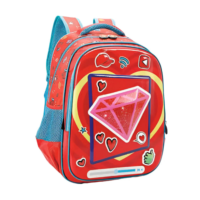 Mochila Infantil Escolar Costas Vermelha Estampa Coração com Bolso Frontal