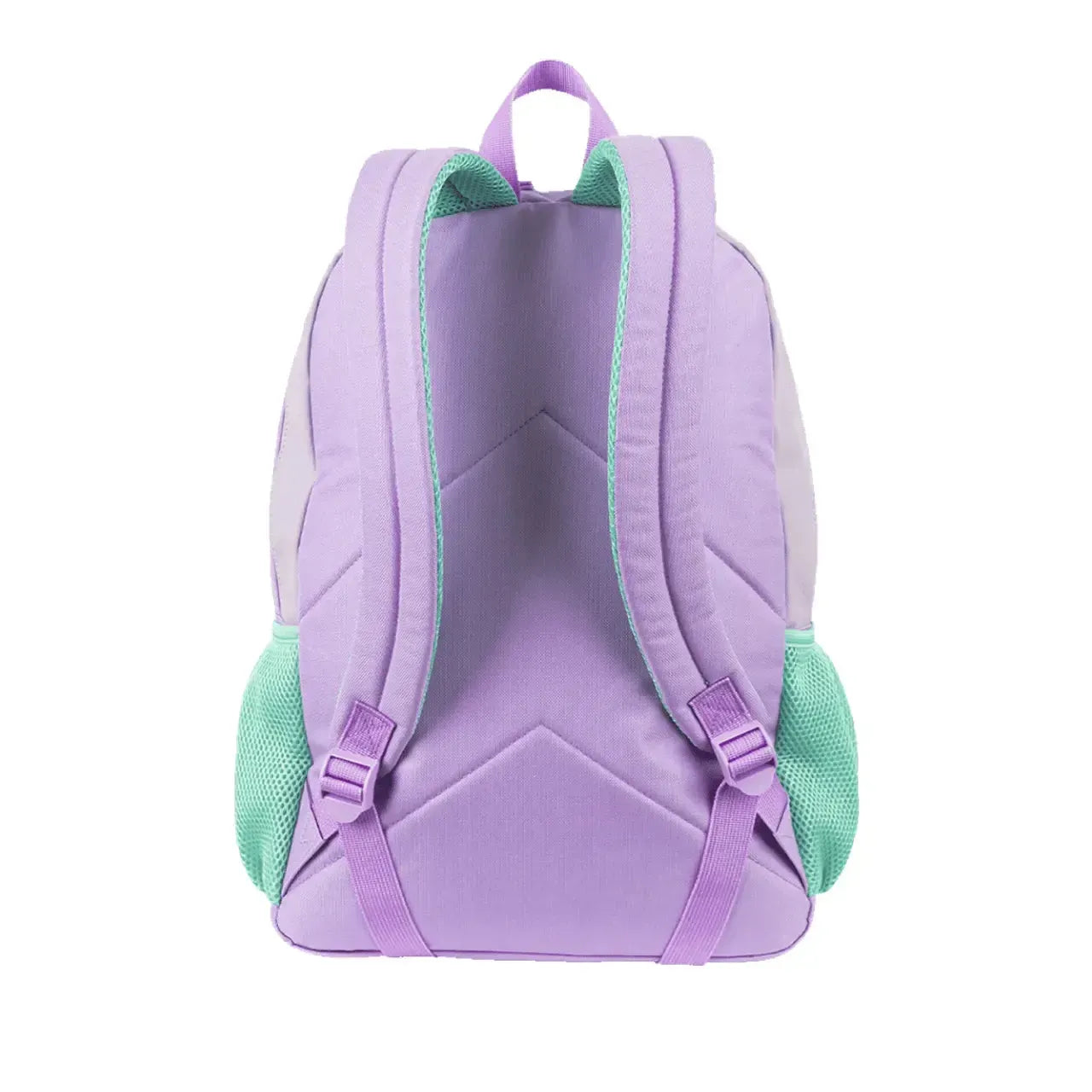 Mochila Lilás com Verde Porta Notebook Acolchoada Bolsos Laterais