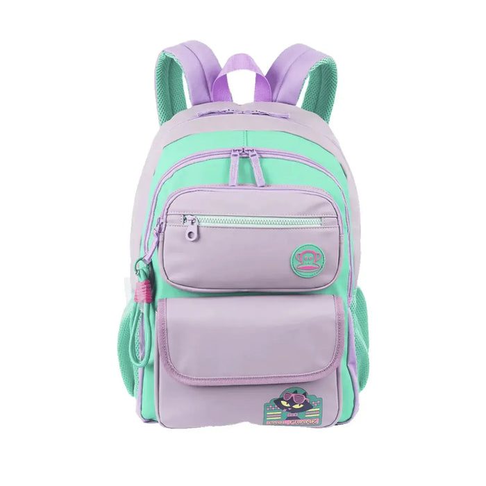 Mochila Lilás com Verde Porta Notebook Acolchoada Bolsos Laterais