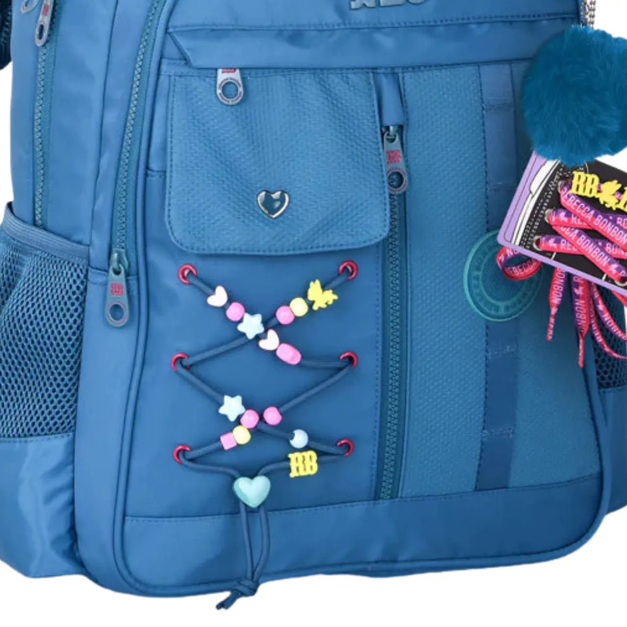 Mochila de Costa Rebecca Bonbon Azul com Cardaços e Bolso Frontal